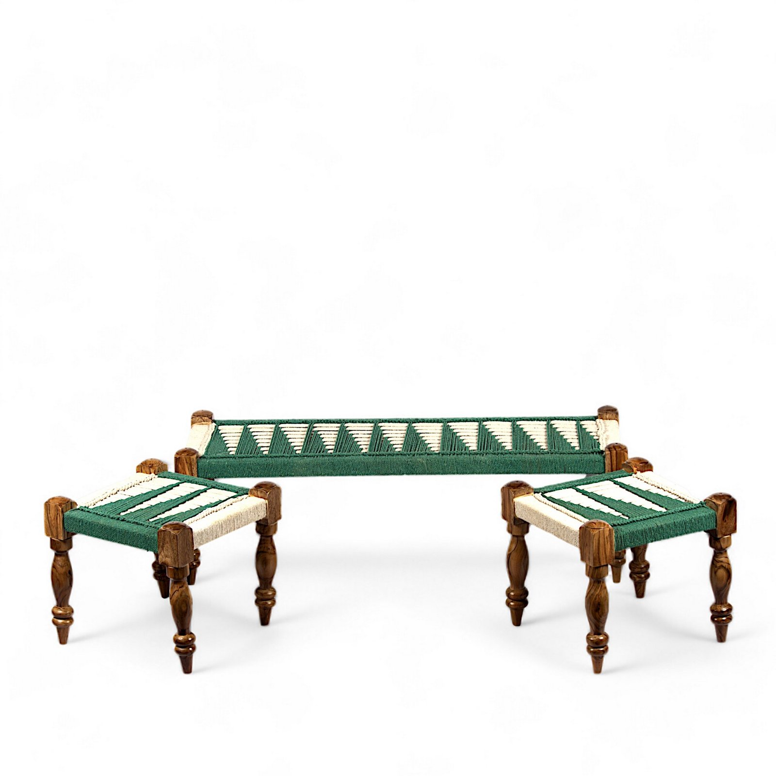 Ikiriya Hamilton Sheesham Wood Vintage 3+1+1 Seater Maachi Bench Set with 2 Stools in Green & White Rope Canning - Image 11
