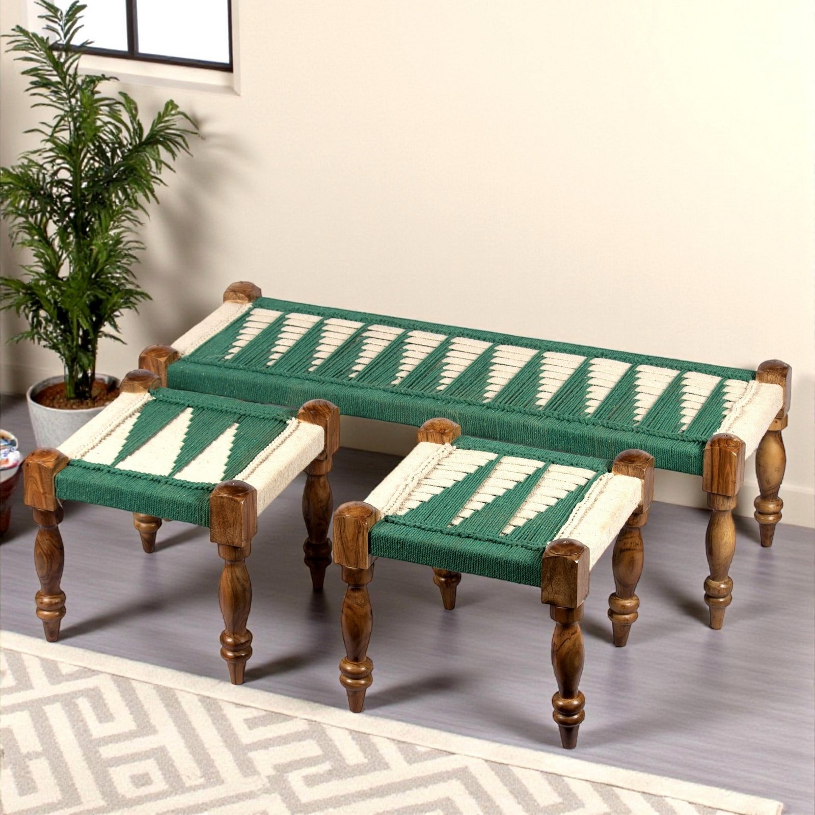 Ikiriya Hamilton Sheesham Wood Vintage 3+1+1 Seater Maachi Bench Set with 2 Stools in Green & White Rope Canning