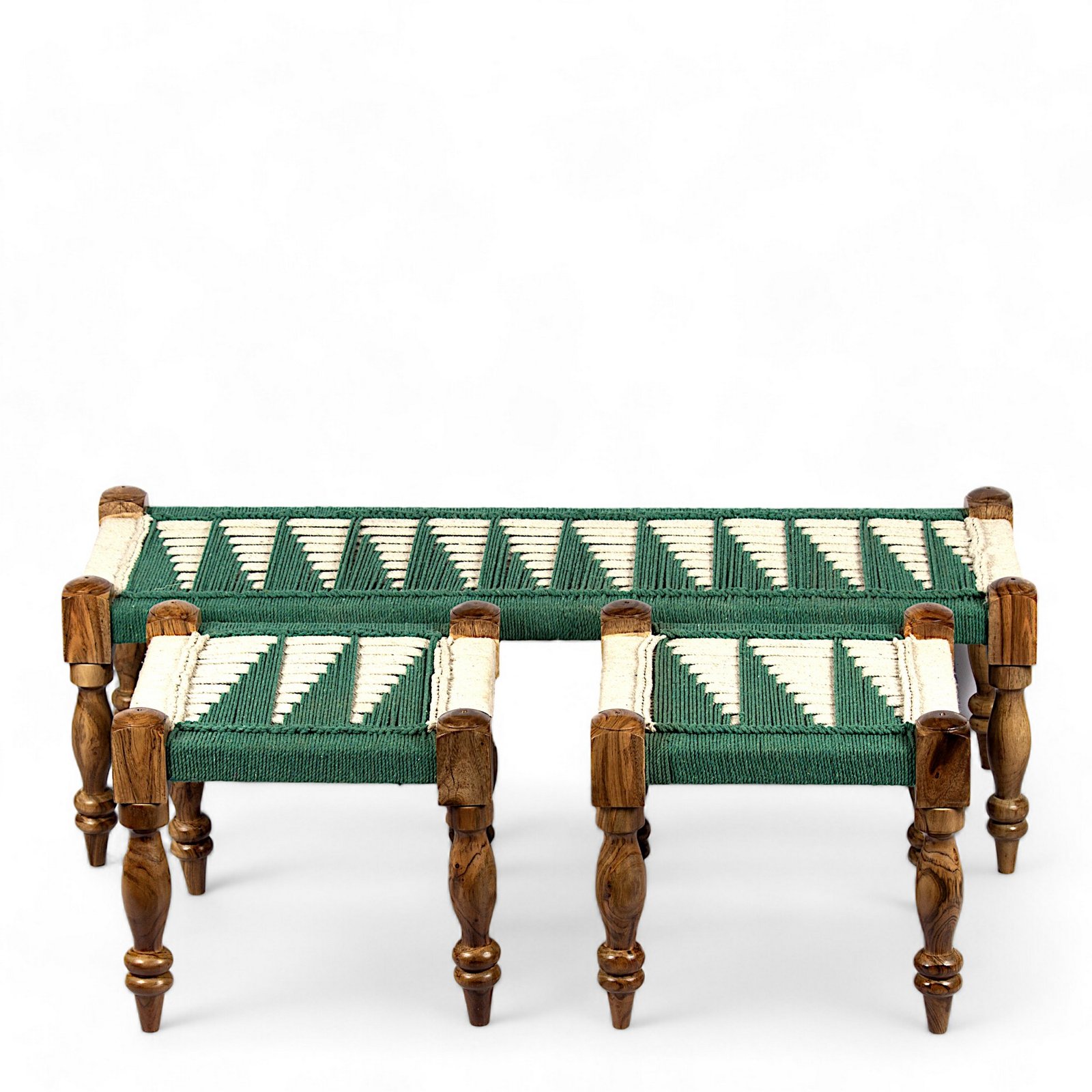 Ikiriya Hamilton Sheesham Wood Vintage 3+1+1 Seater Maachi Bench Set with 2 Stools in Green & White Rope Canning - Image 2