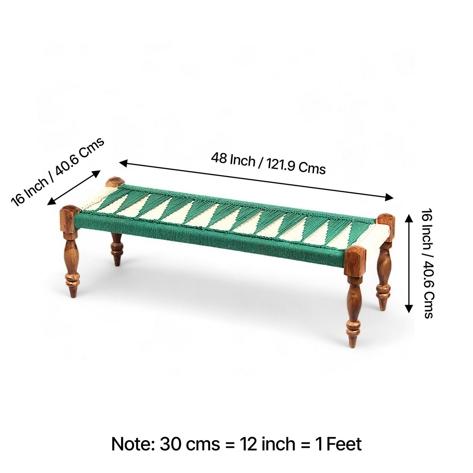 Ikiriya Hamilton Sheesham Wood Vintage 3+1+1 Seater Maachi Bench Set with 2 Stools in Green & White Rope Canning - Image 3