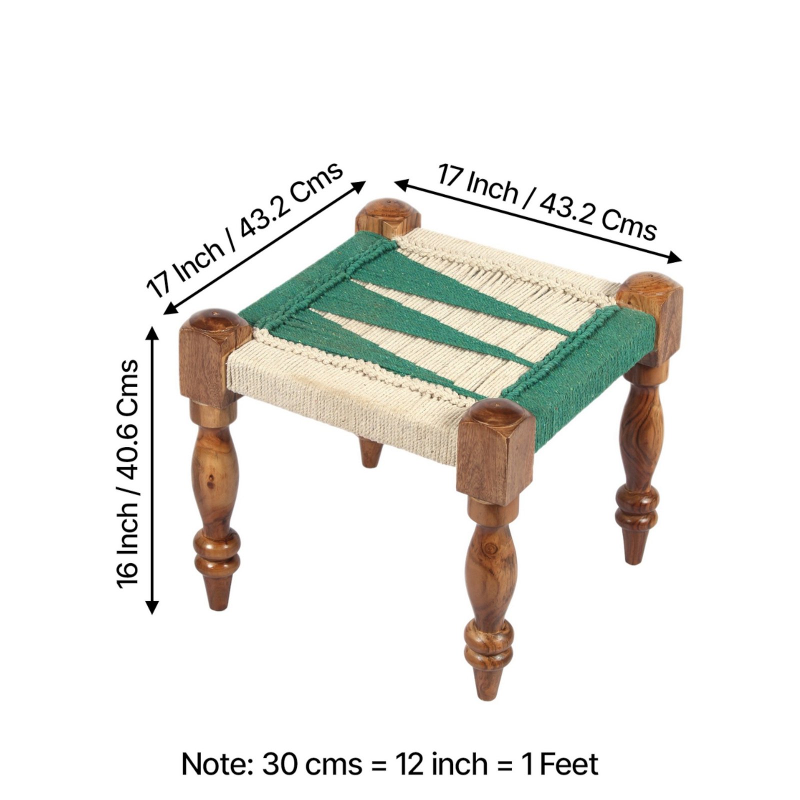 Ikiriya Hamilton Sheesham Wood Vintage 3+1+1 Seater Maachi Bench Set with 2 Stools in Green & White Rope Canning - Image 4