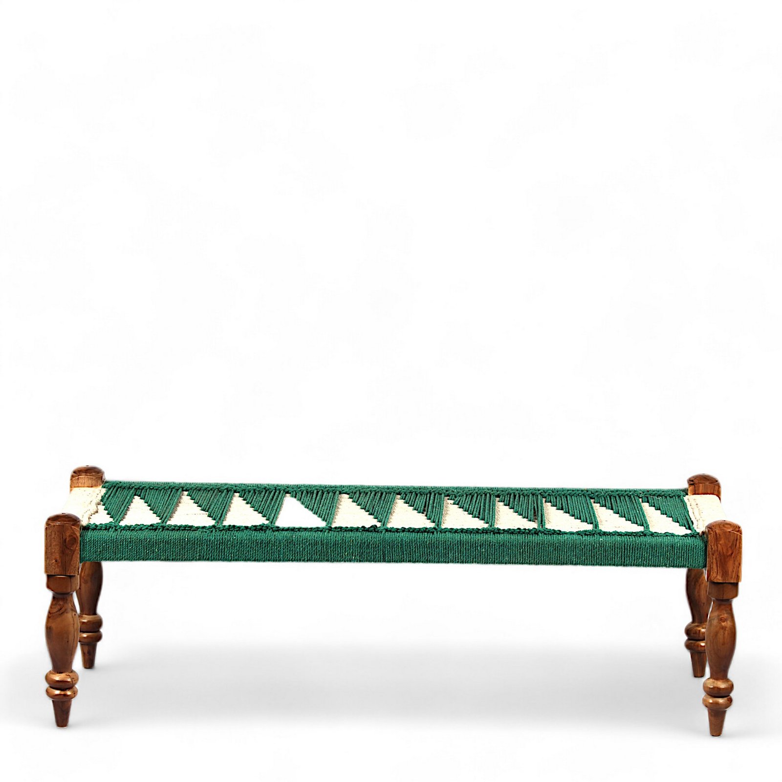 Ikiriya Hamilton Sheesham Wood Vintage 3+1+1 Seater Maachi Bench Set with 2 Stools in Green & White Rope Canning - Image 8