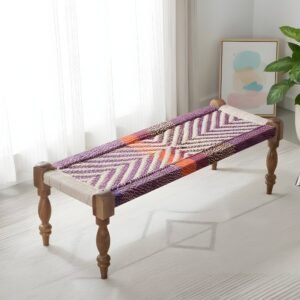 Ikiriya Hamilton Sheesham Wood Vintage 3 Seater Maachi Bench in Multi Colour Chindi & White Rope Canning