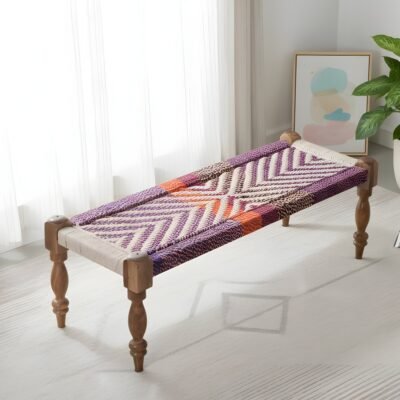 Ikiriya Hamilton Sheesham Wood Vintage 3 Seater Maachi Bench in Multi Colour Chindi & White Rope Canning