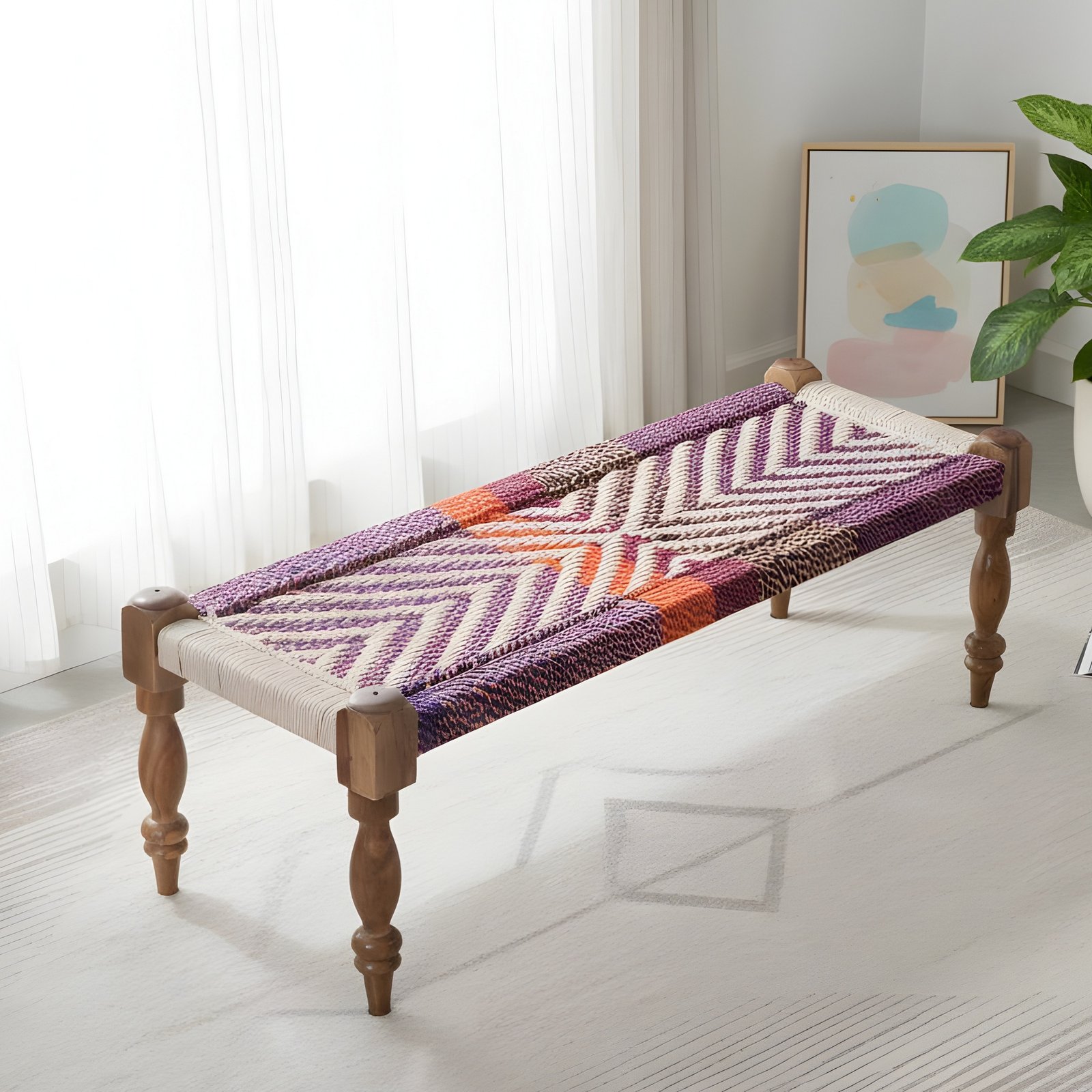 Ikiriya Hamilton Sheesham Wood Vintage 3 Seater Maachi Bench in Multi Colour Chindi & White Rope Canning