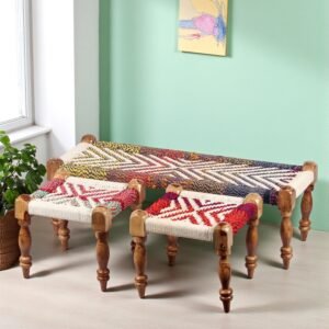 Ikiriya Hamilton Sheesham Wood Vintage 3+1+1 Seater Maachi Bench Set with 2 Stools in Multi Colour Chindi & White Rope Canning