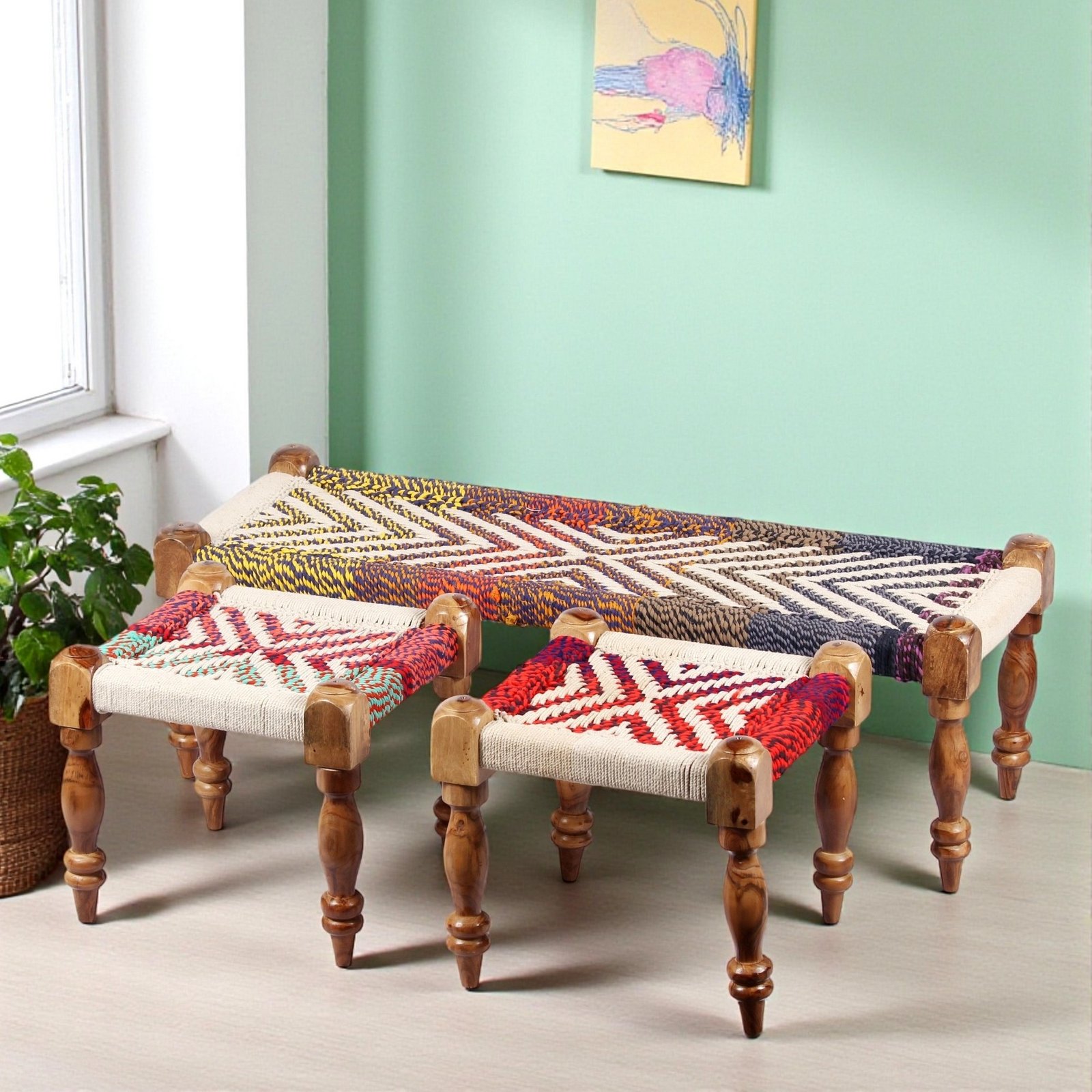 Ikiriya Hamilton Sheesham Wood Vintage 3+1+1 Seater Maachi Bench Set with 2 Stools in Multi Colour Chindi & White Rope Canning