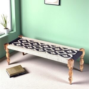 Ikiriya Hamilton Sheesham Wood Vintage 3 Seater Maachi Bench in Black & White Rope Canning