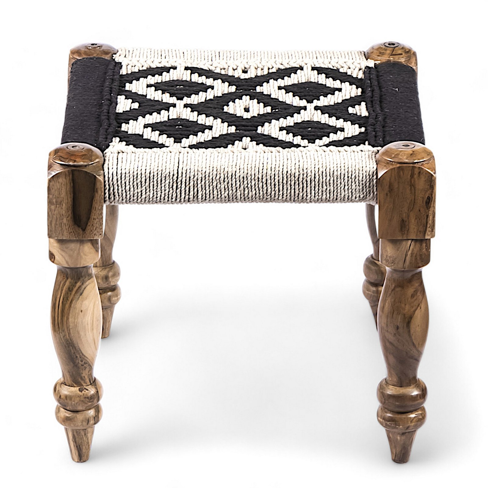 Ikiriya Hamilton Sheesham Wood Vintage 3+1+1 Seater Maachi Bench Set with 2 Stools in Black & White Rope Canning - Image 10