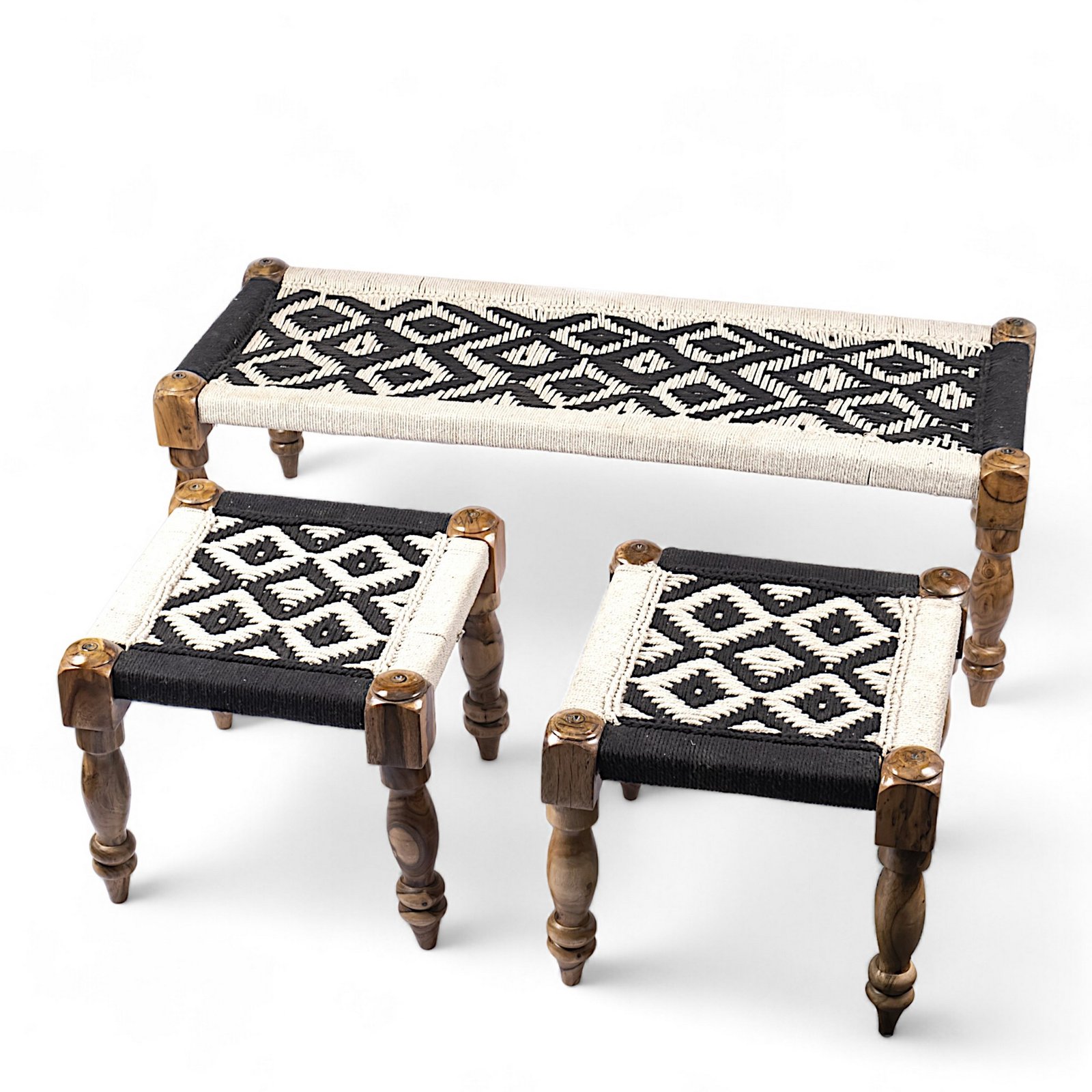 Ikiriya Hamilton Sheesham Wood Vintage 3+1+1 Seater Maachi Bench Set with 2 Stools in Black & White Rope Canning - Image 12