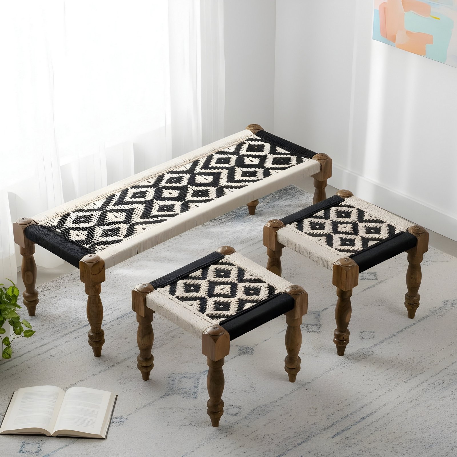 Ikiriya Hamilton Sheesham Wood Vintage 3+1+1 Seater Maachi Bench Set with 2 Stools in Black & White Rope Canning