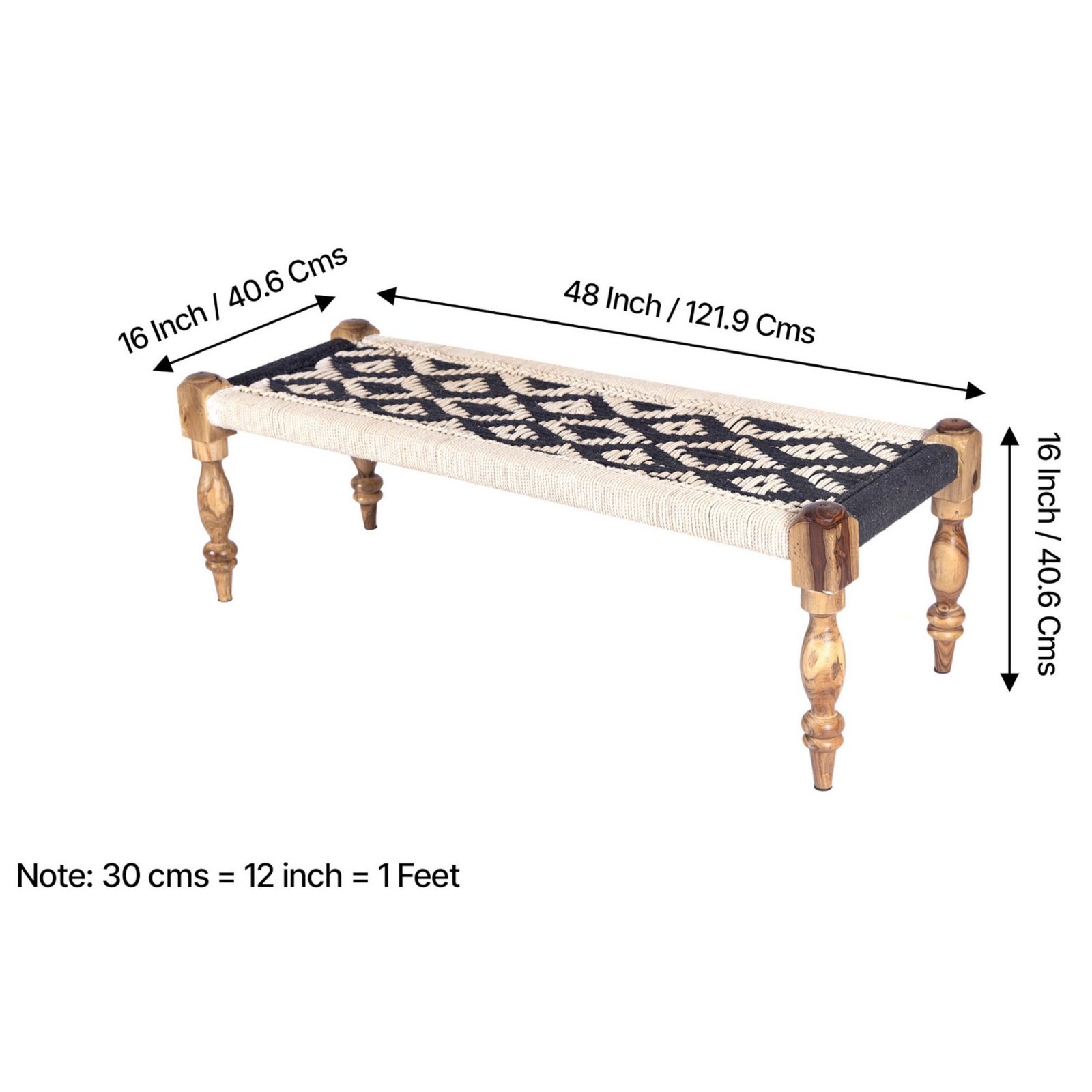 Ikiriya Hamilton Sheesham Wood Vintage 3+1+1 Seater Maachi Bench Set with 2 Stools in Black & White Rope Canning - Image 2