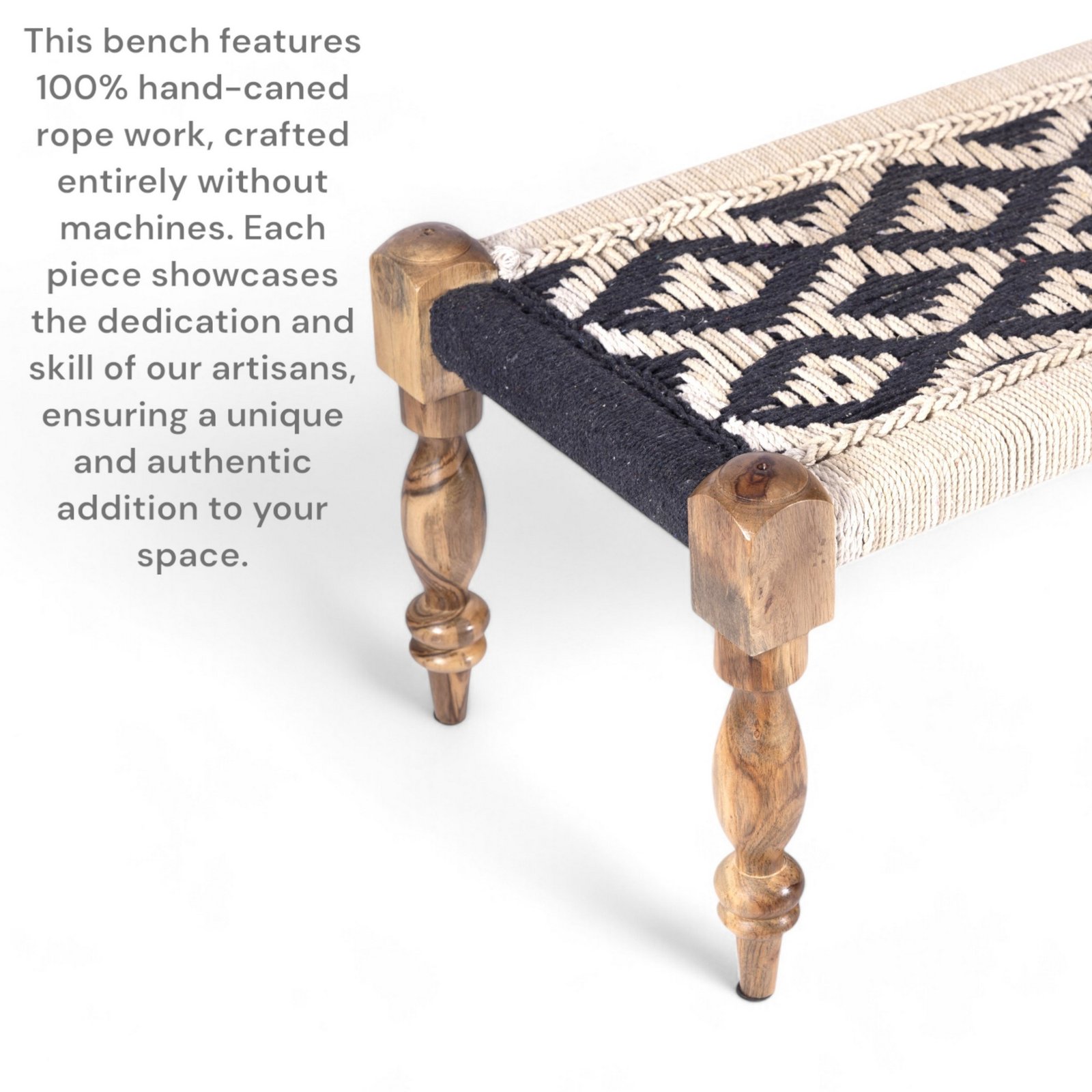 Ikiriya Hamilton Sheesham Wood Vintage 3+1+1 Seater Maachi Bench Set with 2 Stools in Black & White Rope Canning - Image 4