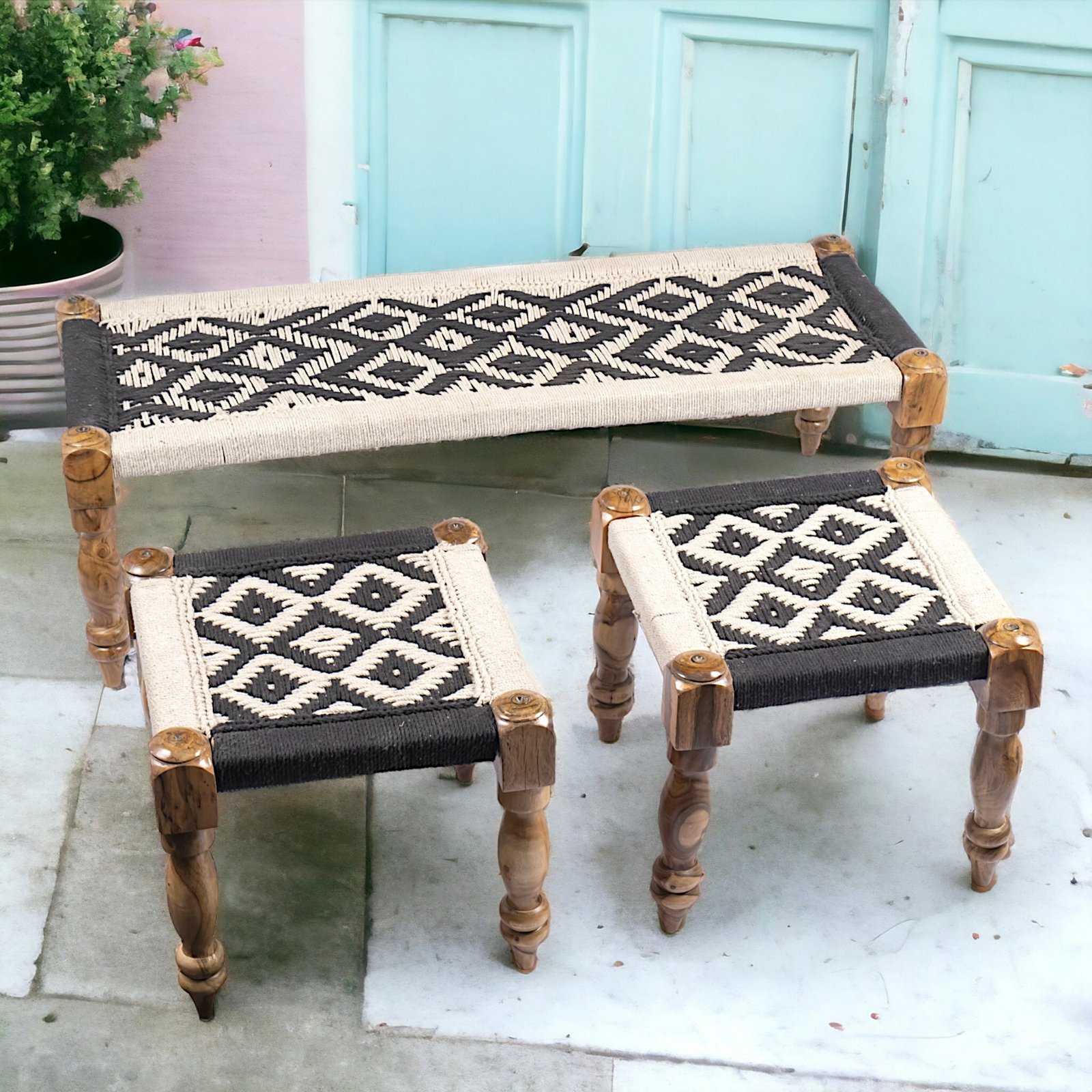 Ikiriya Hamilton Sheesham Wood Vintage 3+1+1 Seater Maachi Bench Set with 2 Stools in Black & White Rope Canning - Image 8