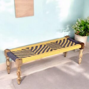 Ikiriya Hamilton Sheesham Wood Vintage 3 Seater Maachi Bench in Yellow & Purple Rope Canning