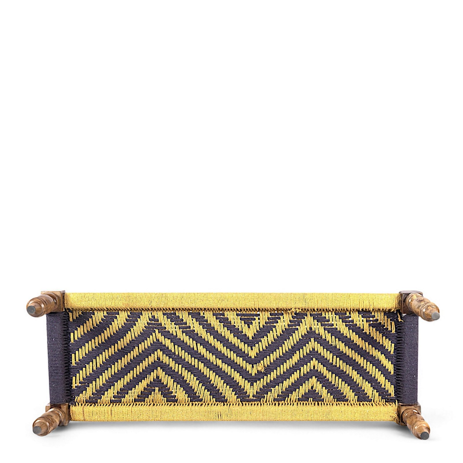 Ikiriya Hamilton Sheesham Wood Vintage 3+1+1 Seater Maachi Bench Set with 2 Stools in Yellow & Purple Rope Canning - Image 10