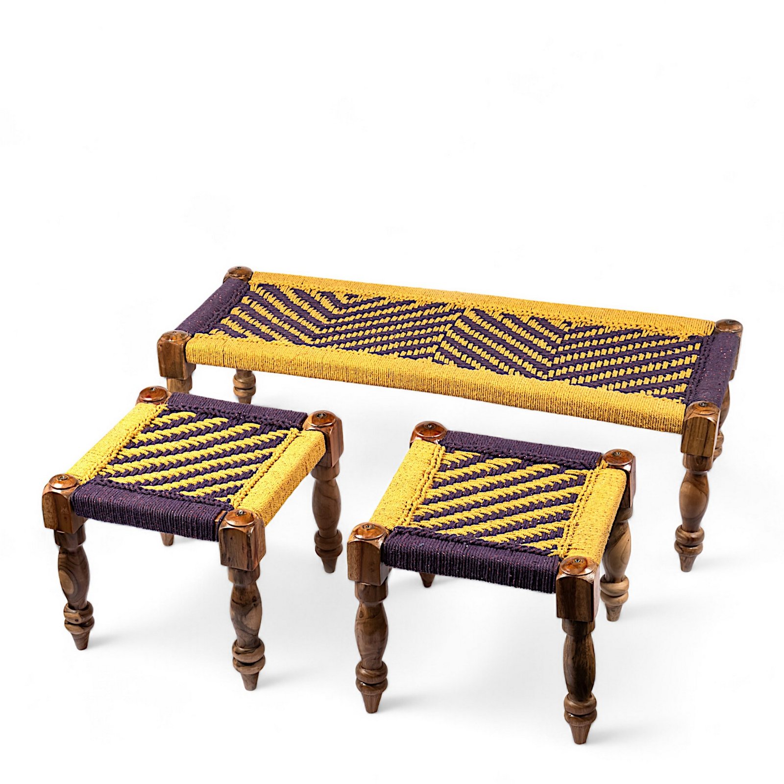Ikiriya Hamilton Sheesham Wood Vintage 3+1+1 Seater Maachi Bench Set with 2 Stools in Yellow & Purple Rope Canning - Image 11