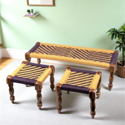 Ikiriya Hamilton Sheesham Wood Vintage 3+1+1 Seater Maachi Bench Set with 2 Stools in Yellow & Purple Rope Canning