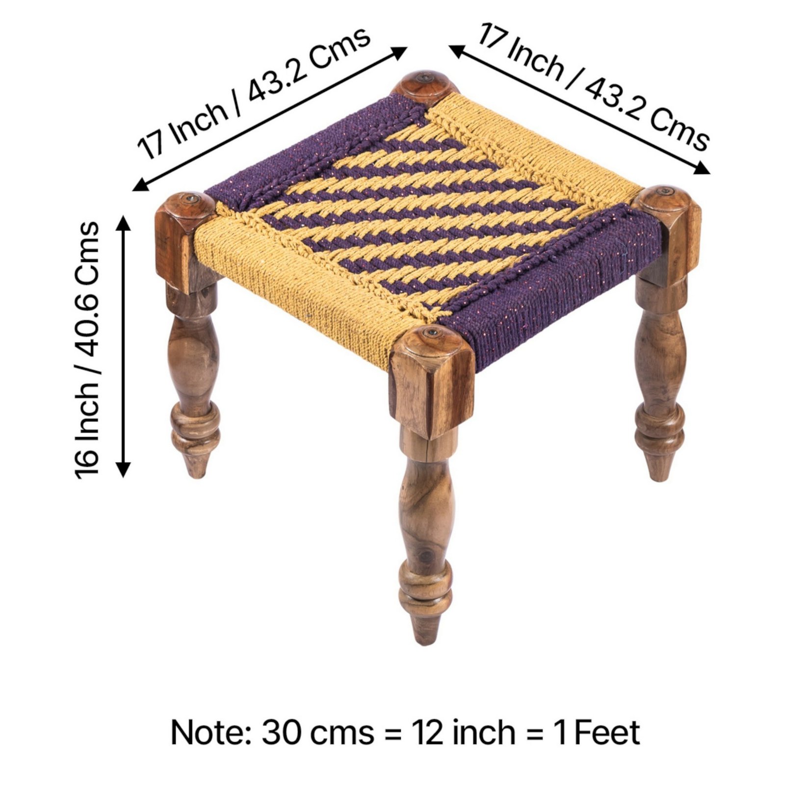 Ikiriya Hamilton Sheesham Wood Vintage 3+1+1 Seater Maachi Bench Set with 2 Stools in Yellow & Purple Rope Canning - Image 3
