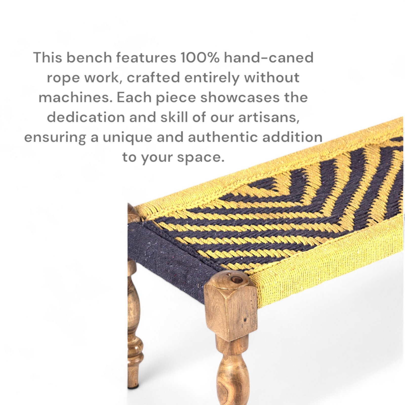 Ikiriya Hamilton Sheesham Wood Vintage 3+1+1 Seater Maachi Bench Set with 2 Stools in Yellow & Purple Rope Canning - Image 4