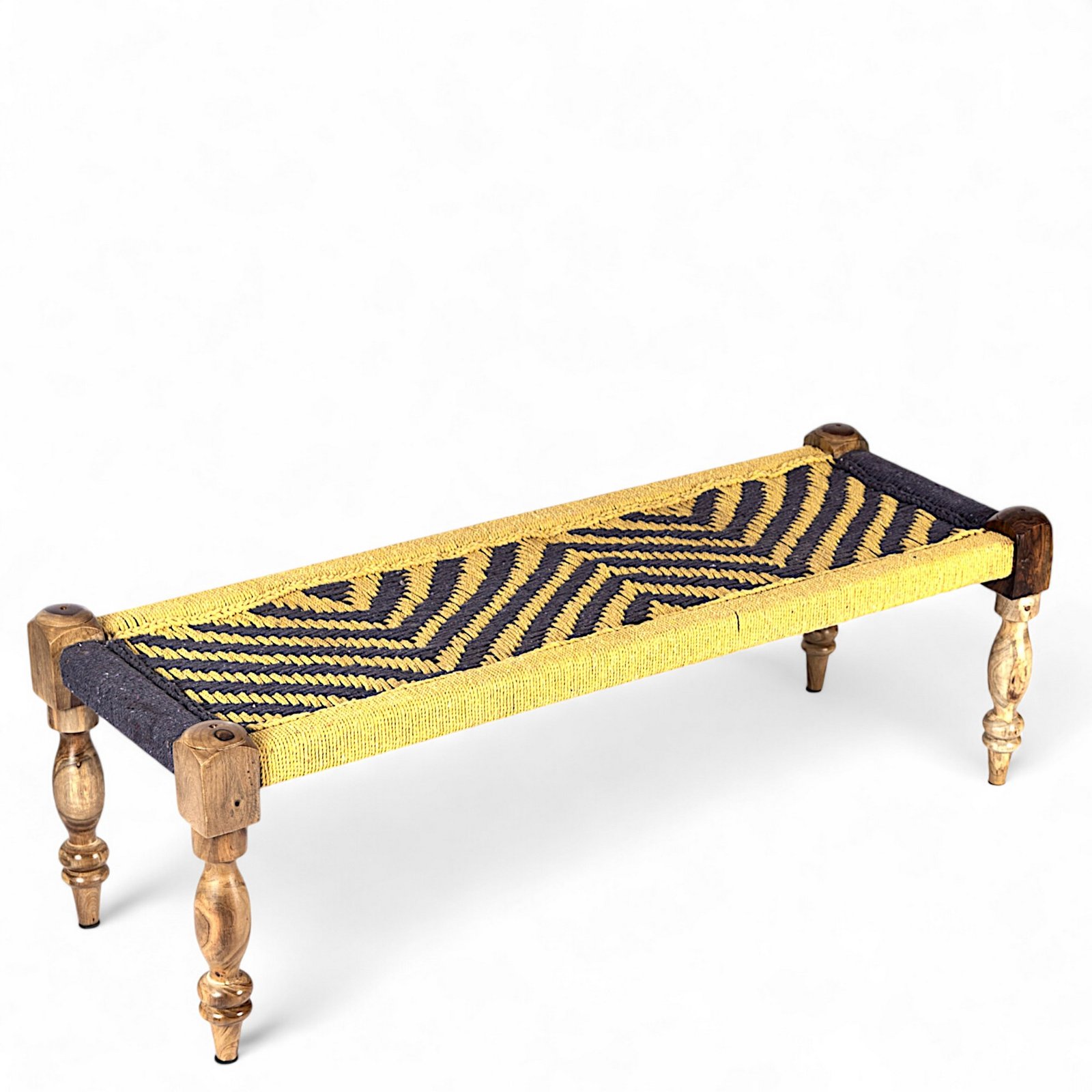 Ikiriya Hamilton Sheesham Wood Vintage 3+1+1 Seater Maachi Bench Set with 2 Stools in Yellow & Purple Rope Canning - Image 6