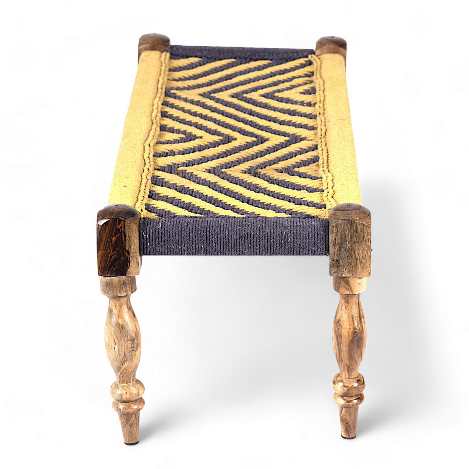 Ikiriya Hamilton Sheesham Wood Vintage 3+1+1 Seater Maachi Bench Set with 2 Stools in Yellow & Purple Rope Canning - Image 8