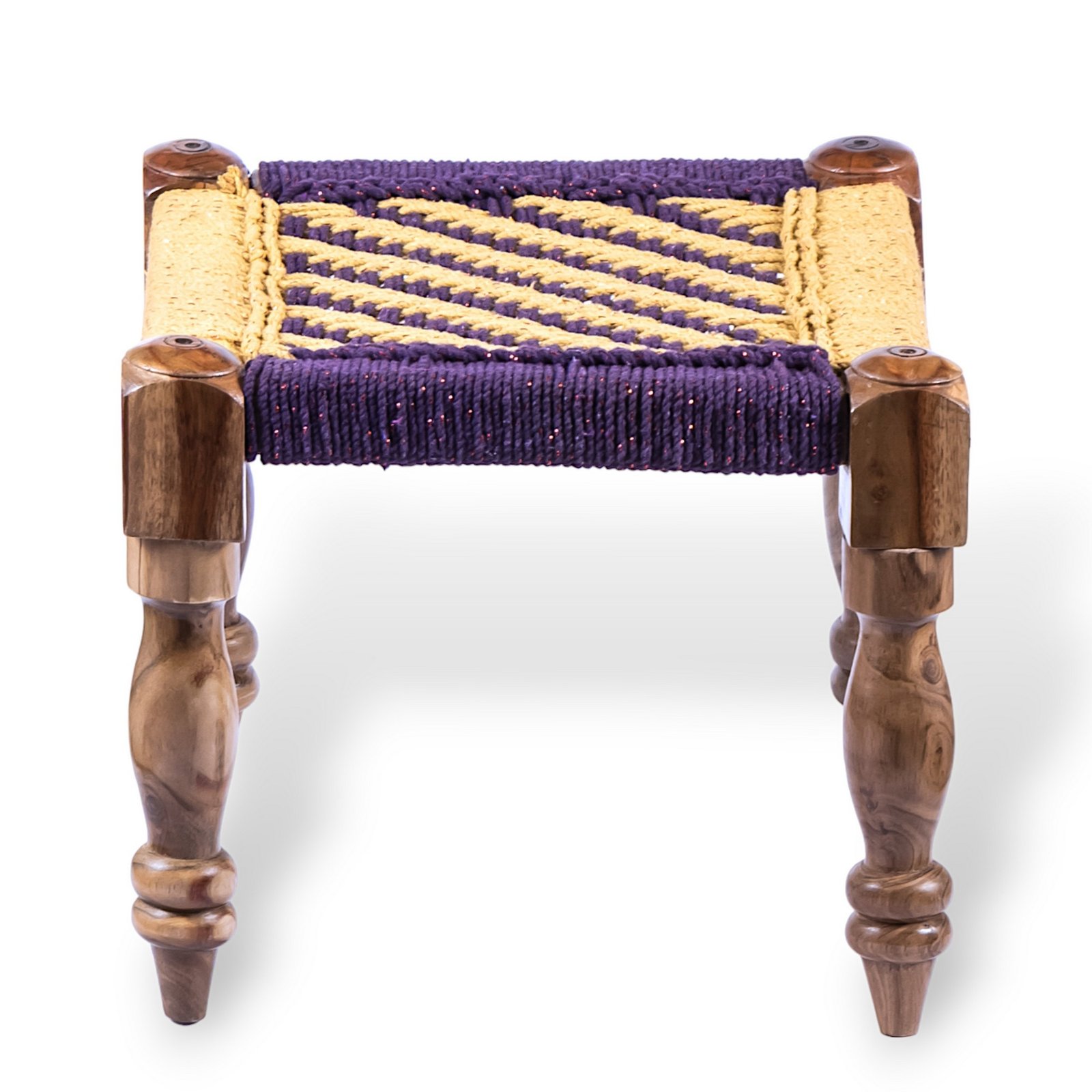 Ikiriya Hamilton Sheesham Wood Vintage 3+1+1 Seater Maachi Bench Set with 2 Stools in Yellow & Purple Rope Canning - Image 9