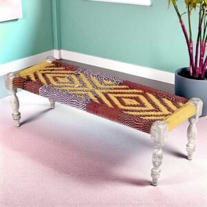 Ikiriya Hamilton Sheesham Wood Vintage 3 Seater Maachi Bench in Multi Colour Chindi & Yellow Rope Canning