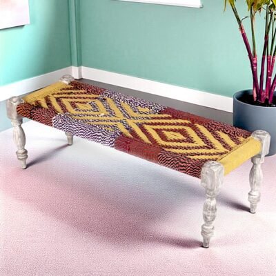Ikiriya Hamilton Sheesham Wood Vintage 3 Seater Maachi Bench in Multi Colour Chindi & Yellow Rope Canning