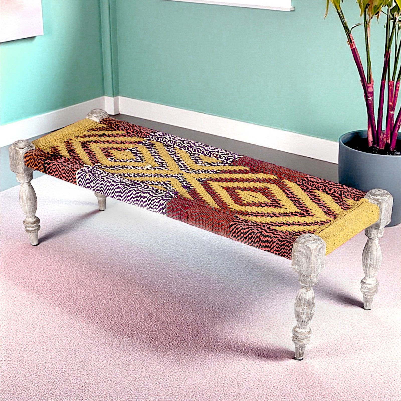 Ikiriya Hamilton Sheesham Wood Vintage 3 Seater Maachi Bench in Multi Colour Chindi & Yellow Rope Canning