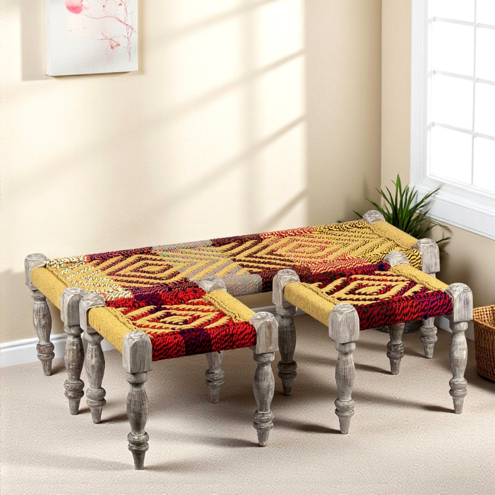 Ikiriya Hamilton Sheesham Wood Vintage 3+1+1 Seater Maachi Bench Set with 2 Stools in Multi Colour Chindi & Yellow Rope Canning