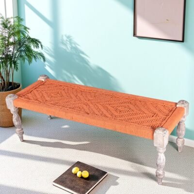Ikiriya Hamilton Sheesham Wood Vintage 3 Seater Maachi Bench in Orange Rope Canning