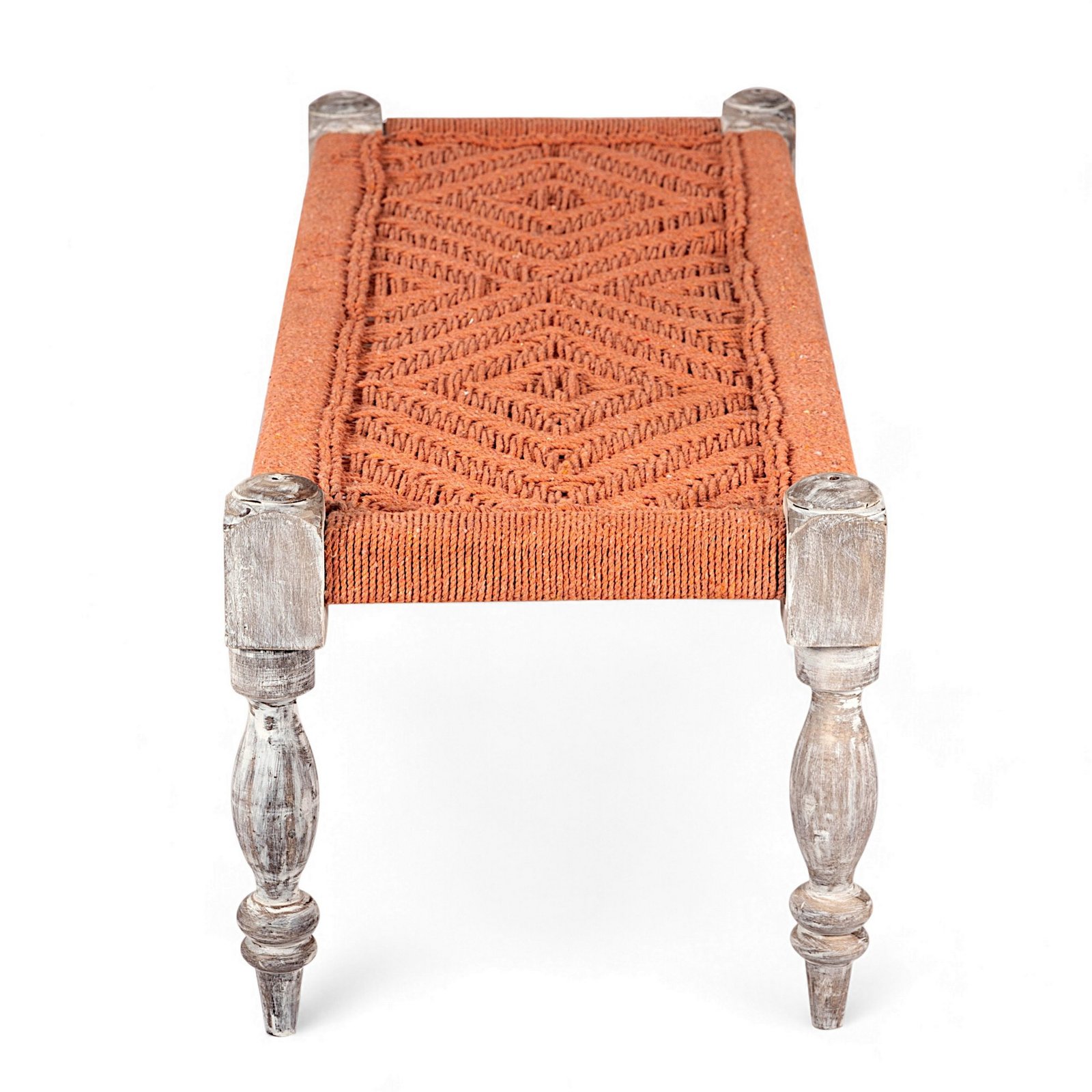 Ikiriya Hamilton Sheesham Wood Vintage 3 Seater Maachi Bench in Orange Rope Canning - Image 3
