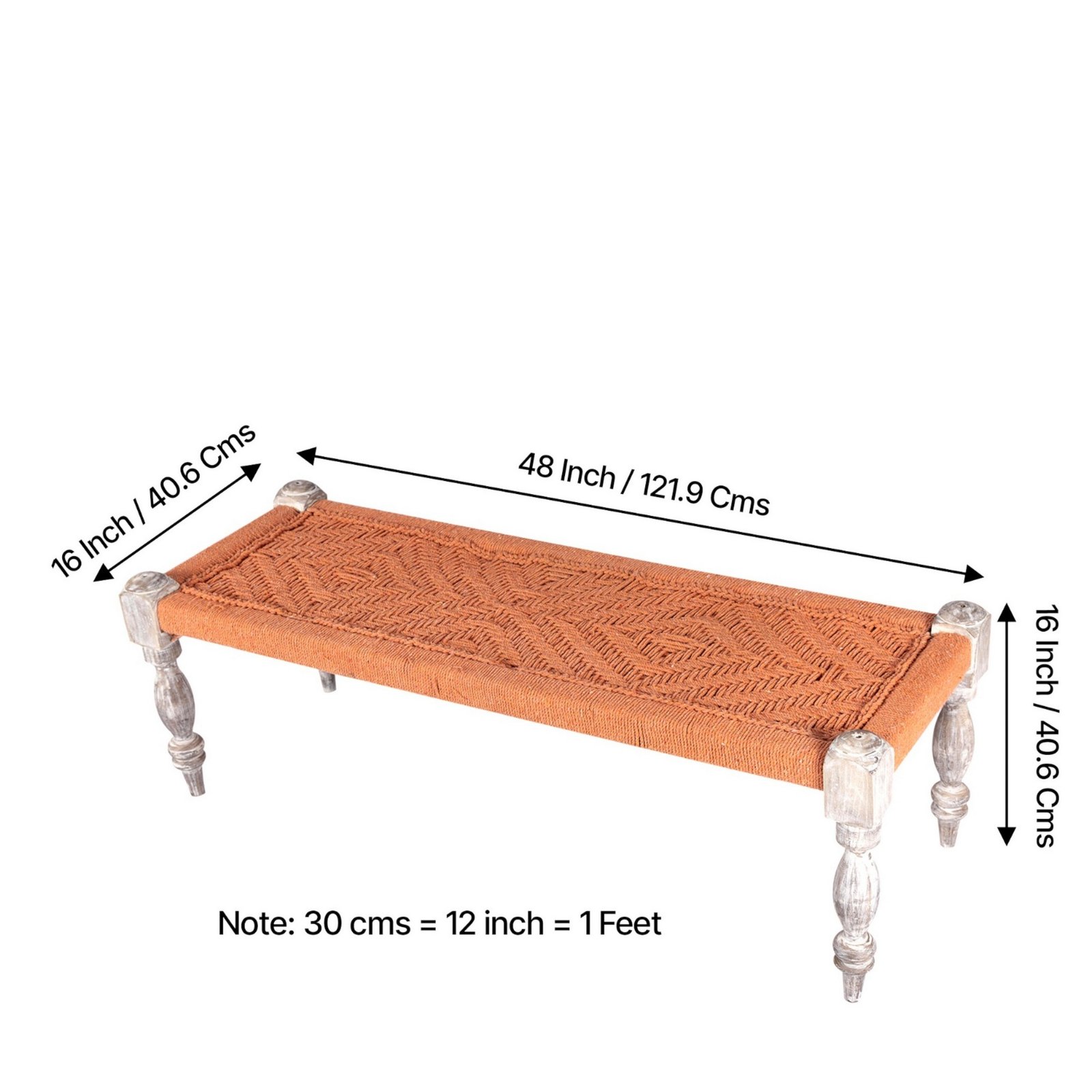 Ikiriya Hamilton Sheesham Wood Vintage 3 Seater Maachi Bench in Orange Rope Canning - Image 4