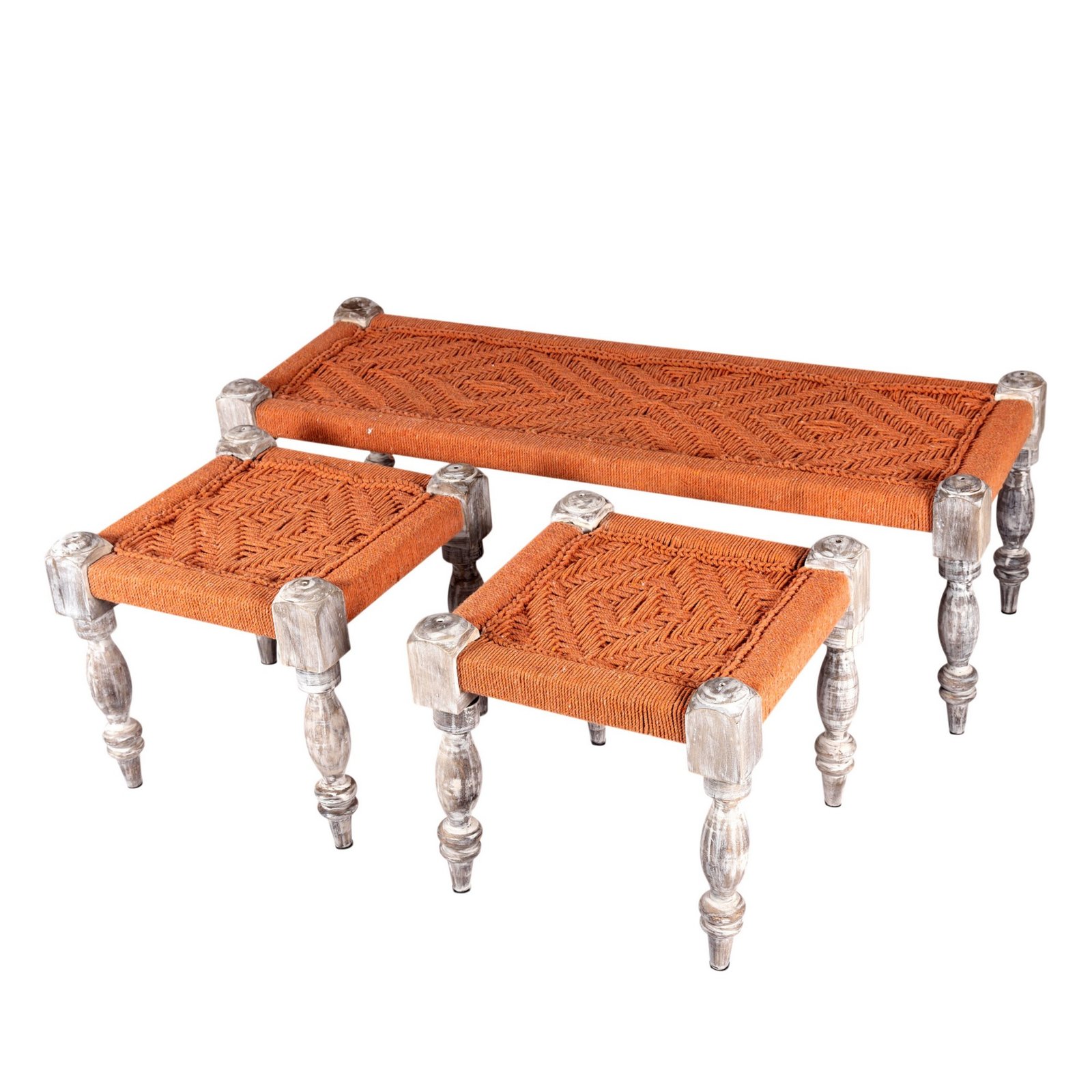 Ikiriya Hamilton Sheesham Wood Vintage 3+1+1 Seater Maachi Bench Set with 2 Stools in Orange Rope Canning - Image 12