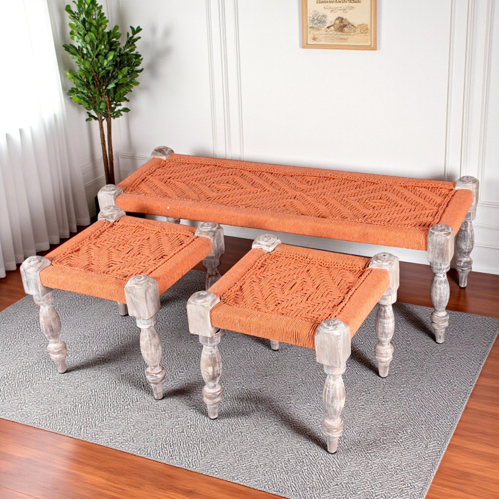 Ikiriya Hamilton Sheesham Wood Vintage 3+1+1 Seater Maachi Bench Set with 2 Stools in Orange Rope Canning