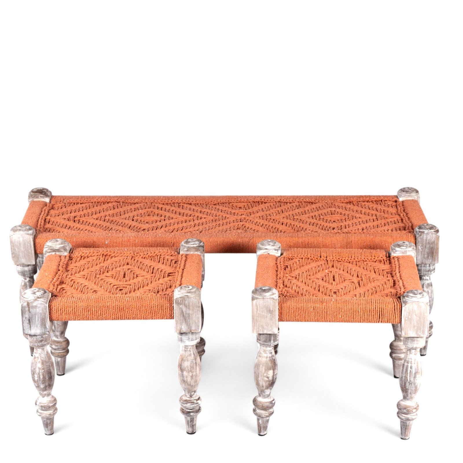 Ikiriya Hamilton Sheesham Wood Vintage 3+1+1 Seater Maachi Bench Set with 2 Stools in Orange Rope Canning - Image 2