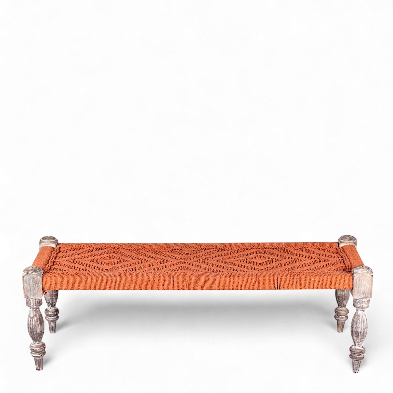 Ikiriya Hamilton Sheesham Wood Vintage 3+1+1 Seater Maachi Bench Set with 2 Stools in Orange Rope Canning - Image 8