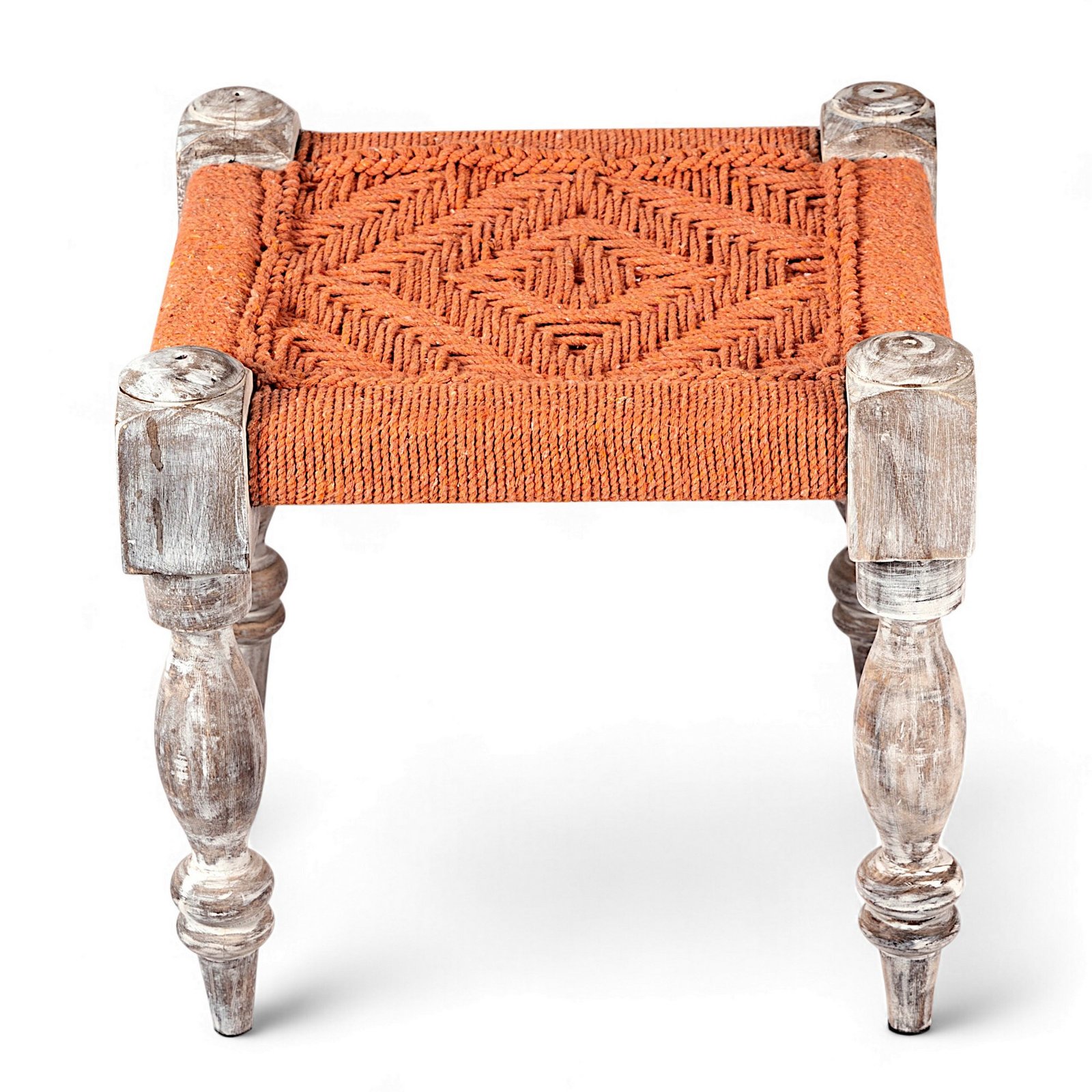 Ikiriya Hamilton Sheesham Wood Vintage 3+1+1 Seater Maachi Bench Set with 2 Stools in Orange Rope Canning - Image 9