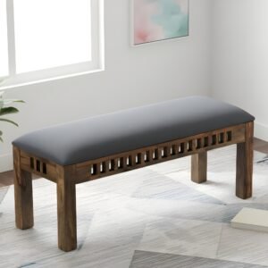 Ikiriya Milford Sheesham Wood Accent 3 Seater Bench in Anchor Grey Fabric