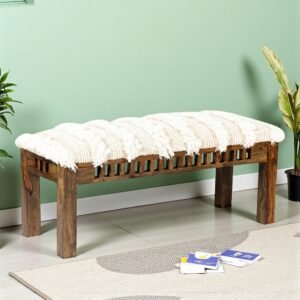 Ikiriya Milford Sheesham Wood Mid Century 3 Seater Bench in Beige Fabric with Fringes