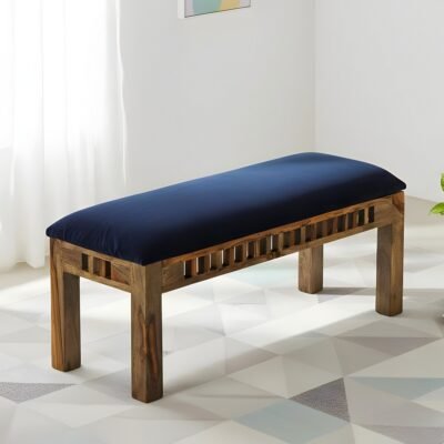 Ikiriya Milford Sheesham Wood Accent 3 Seater Bench in Navy Blue Mosha Velvet