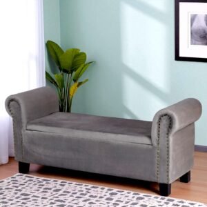 Ikiriya Queens Sheesham Wood Accent 2 Seater Couch / Bench with Storage in Iron Grey Velvet