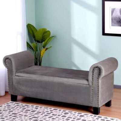 Ikiriya Queens Sheesham Wood Accent 2 Seater Couch / Bench with Storage in Iron Grey Velvet