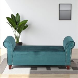 Ikiriya Queens Sheesham Wood Accent 2 Seater Couch / Bench with Storage in Turquoise Sea Velvet