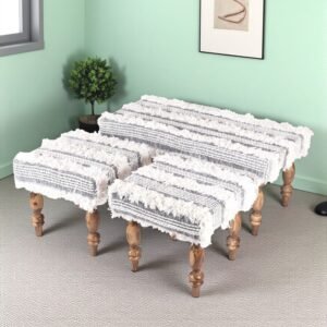 Ikiriya Bestone Sheesham Wood Mid Century 2+1+1 Seater Bench Set with 2 Stools in Grey Fabric with Fringes