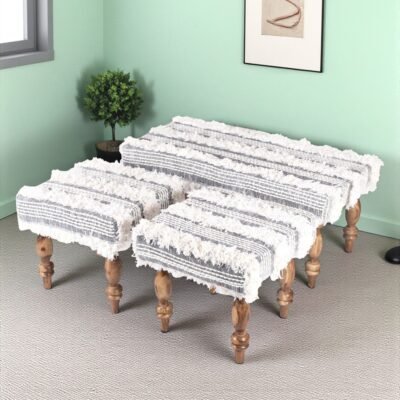 Ikiriya Bestone Sheesham Wood Mid Century 2+1+1 Seater Bench Set with 2 Stools in Grey Fabric with Fringes