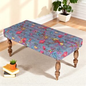 Ikiriya Bestone Sheesham Wood Mid Century 2 Seater Bench in Grey Brid Print Kantha