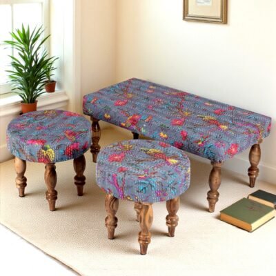 Ikiriya Bestone Sheesham Wood Mid Century 2+1+1 Seater Bench Set with 2 Stools in Grey Brid Print Kantha