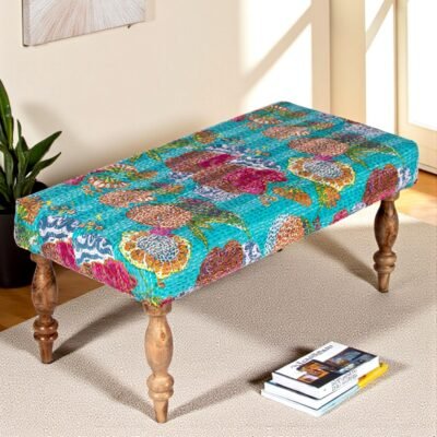Ikiriya Bestone Sheesham Wood Mid Century 2 Seater Bench in Sea Green Fruit Print Kantha